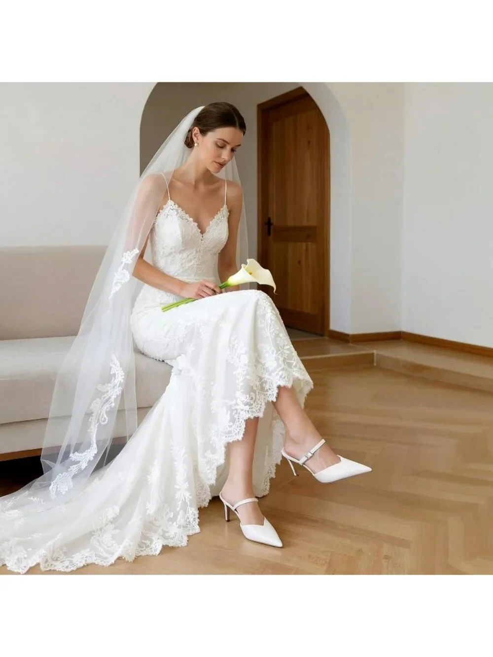 Women's White Faux Leather Mules Ankle Strap Pointed Pumps Sexy Fashion Heels